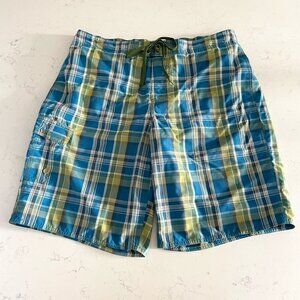 Eddie Bauer Seattle Athletic Plaid Swim Shorts w Mesh Liner Blue Grn White Sz L